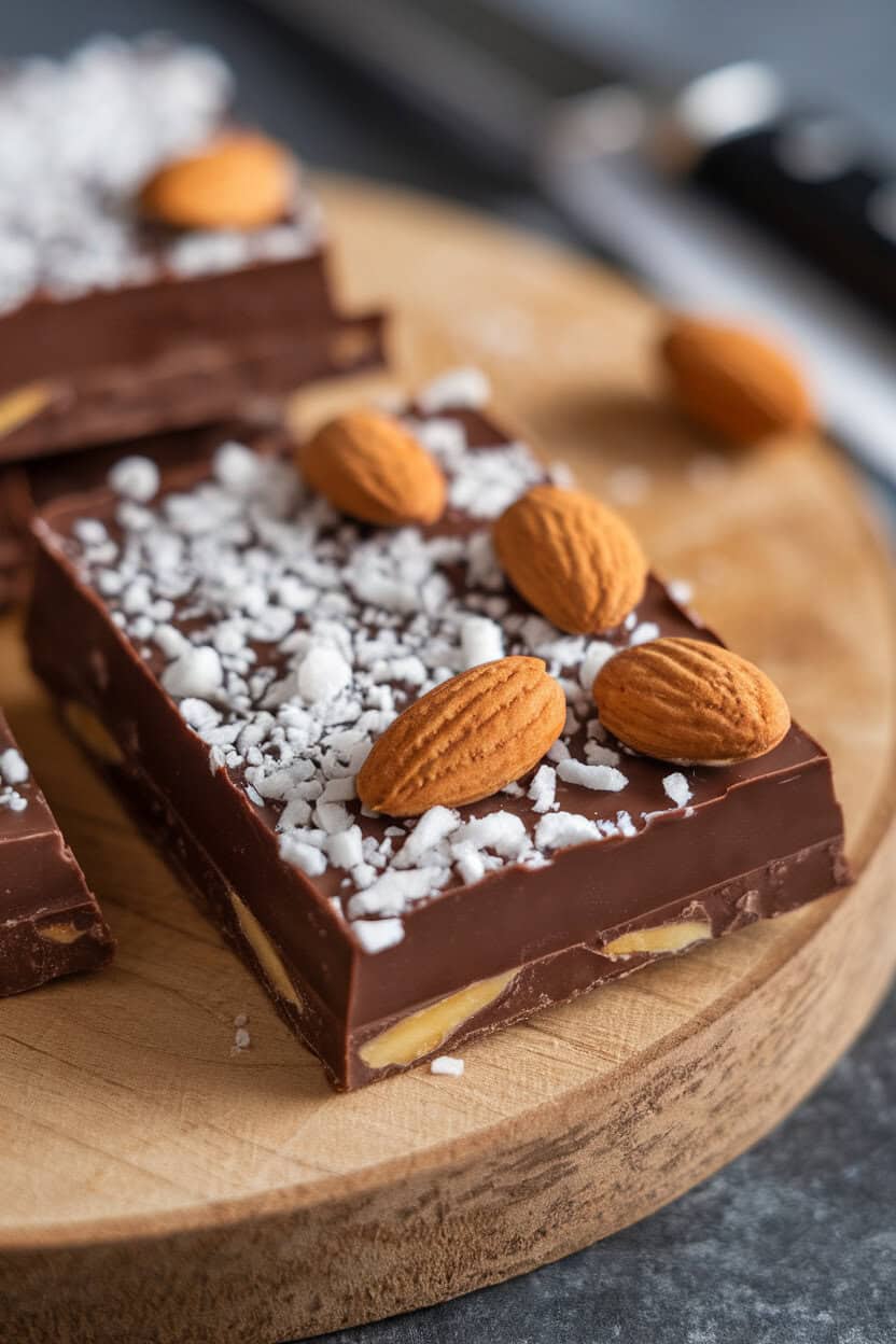 Indoor close-up of milk-chocolate toffee sprinkled with shredded coconut and whole roasted almonds. No text or logos.
