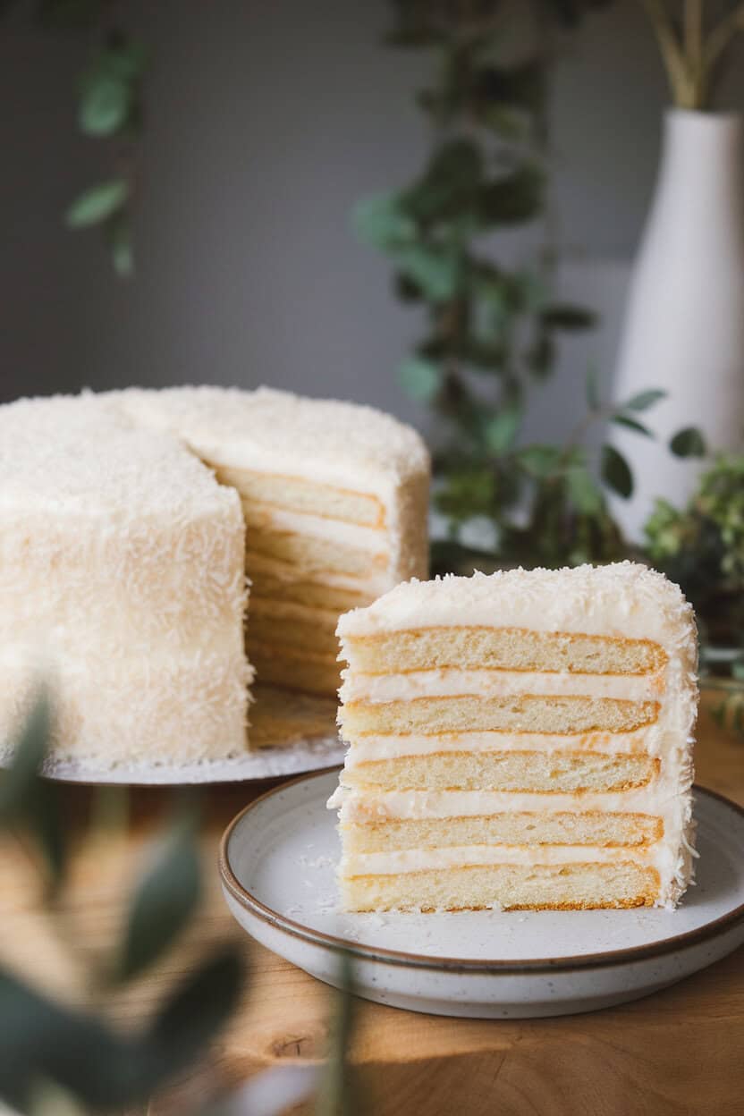 Indoor photo of a snow-white layer cake coated in shredded coconut, slice on side plate revealing fluffy crumb, no text or logos