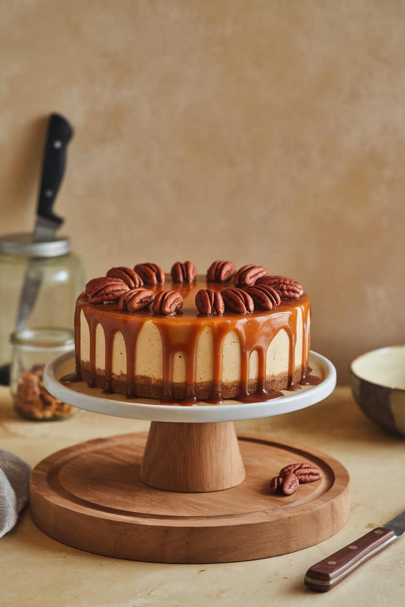 An indoor cake pedestal holding a caramel pecan cheesecake, glossy caramel dripping down the sides, pecans arranged on top. No text or logos.
