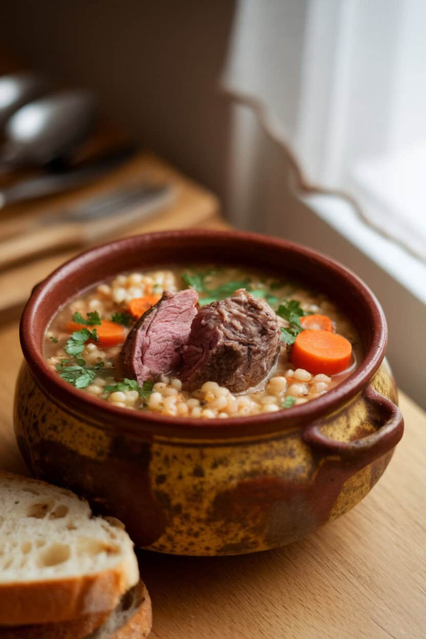 Photo of a hearty bowl of lamb and barley soup with carrots and parsley, indoor wooden table, no text or logos.