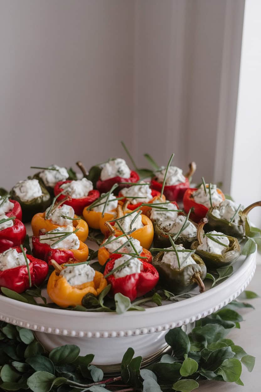 A white platter indoors with colorful roasted mini peppers filled with herbed cream cheese, garnished with chives. No text or logos.