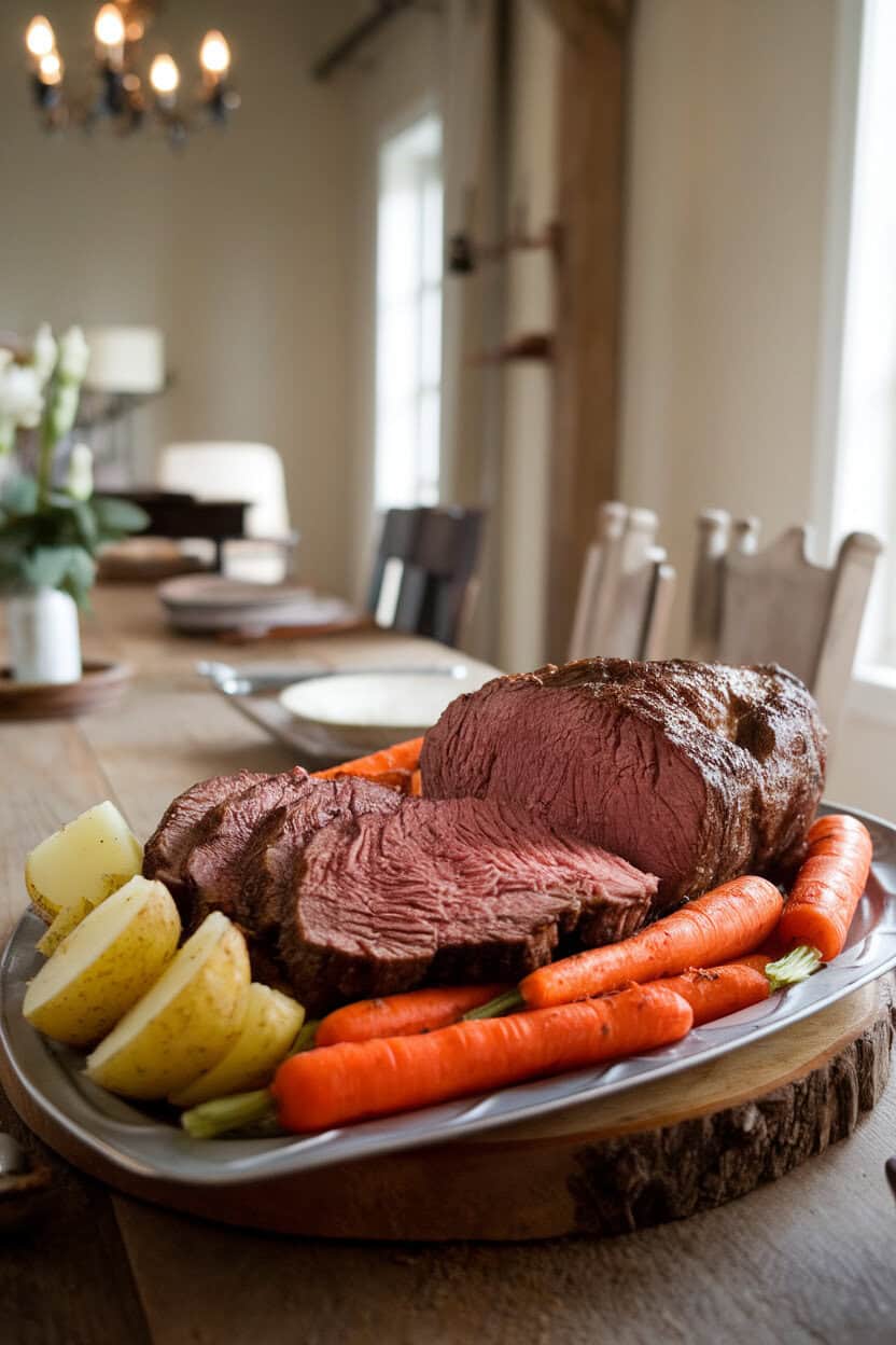 An indoor dining table featuring sliced pot roast with carrots and potatoes on a serving platter, no text or logos.