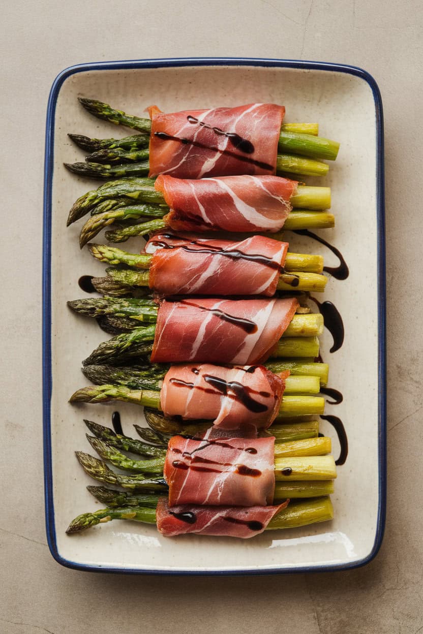 Photo of a rectangular ceramic plate indoors with roasted asparagus spears wrapped in prosciutto, edges lightly crisp, drizzled with balsamic glaze; overhead angle, neutral background, no text or logos