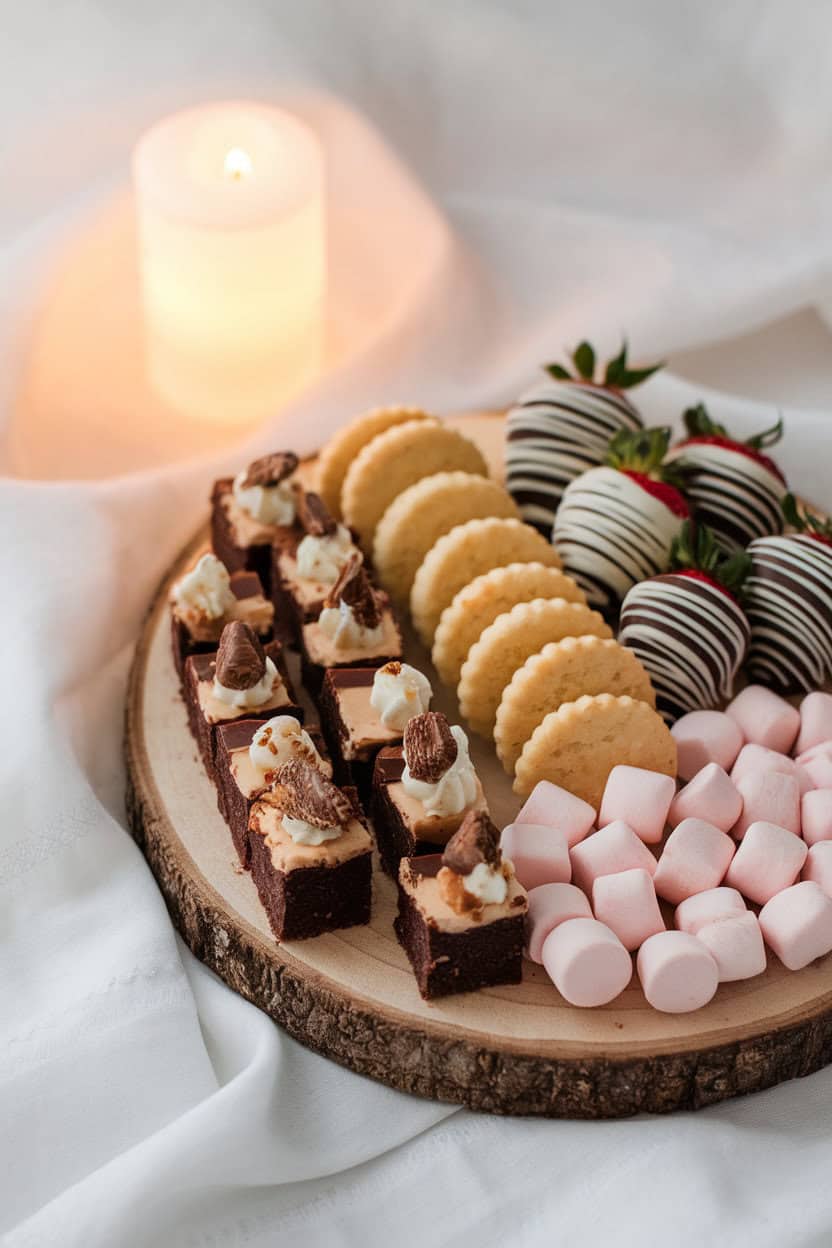 Indoor dessert board photo with brownie bites, shortbread cookies, chocolate-covered strawberries, and mini marshmallows arranged neatly, gentle candle-lit glow, no text.