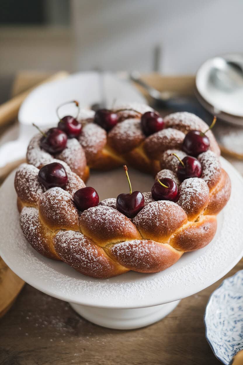 A braided chocolate and cherry brioche wreath dusted with powdered sugar on an indoor cake stand. No text or logos. Photo, not illustration.