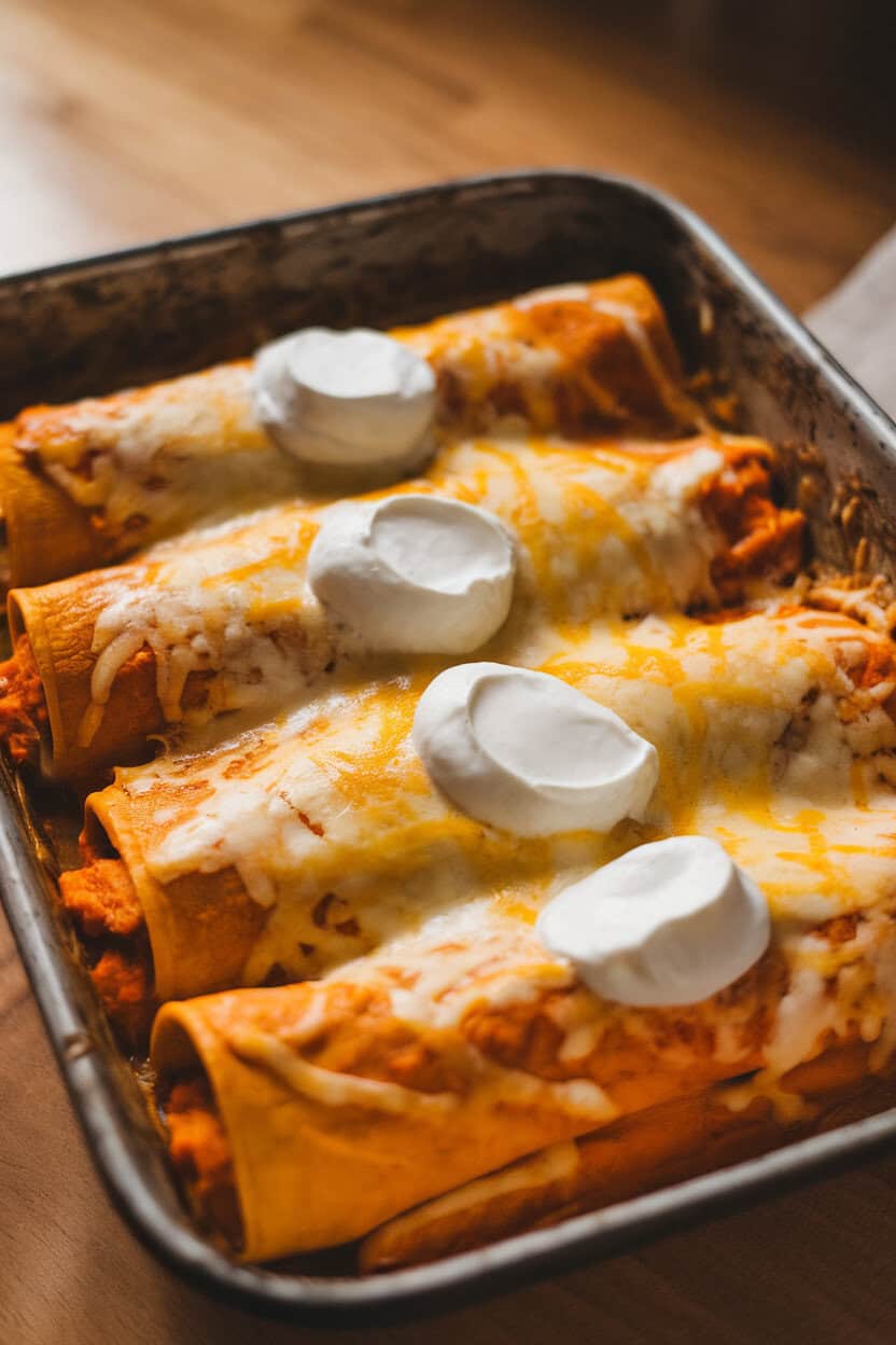 A warmly lit indoor baking dish of enchiladas covered in melted cheese and dollops of sour cream, bright orange sweet potato filling visible at one cut edge. No text or logos. Photo, not illustration.