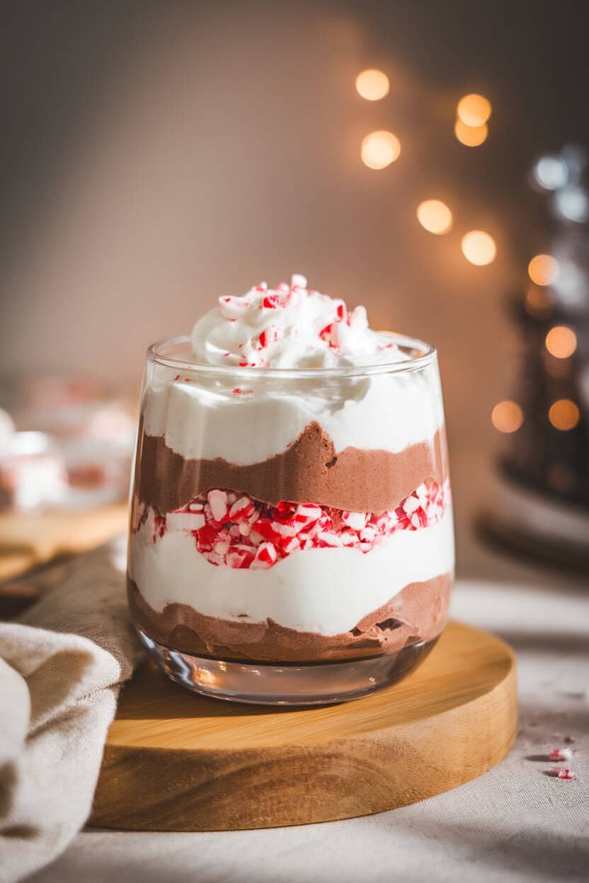 Photo of a glass filled with layered chocolate mousse, whipped cream, and crushed peppermint candy indoors under soft lighting. No text or logos in scene.