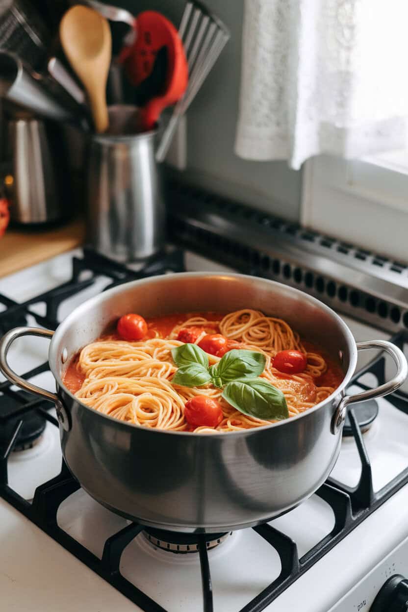 An indoor stovetop scene showing a single pot filled with cooked spaghetti, cherry tomatoes, fresh basil leaves, and a light tomato broth. Photo only, free of text and logos.