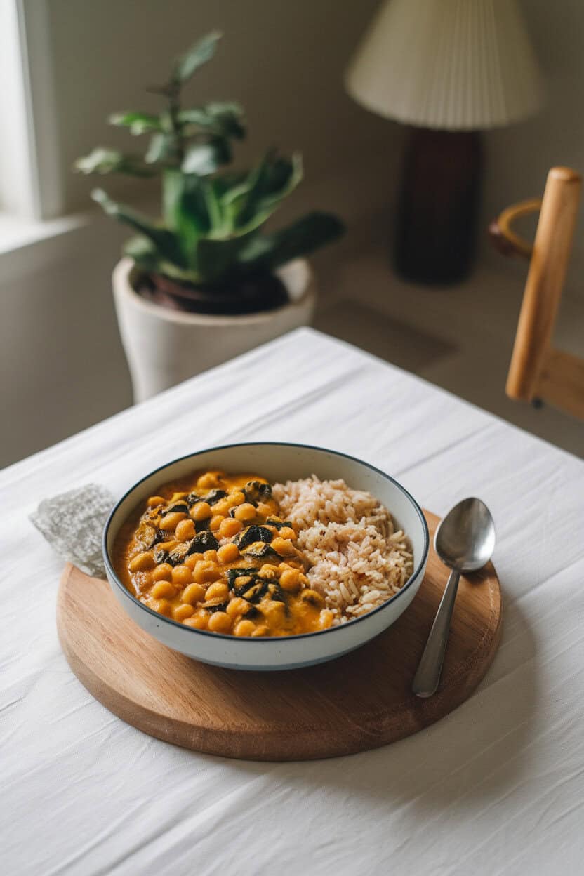 Indoor dining table shot of a bowl of golden chickpea and spinach curry with a side of brown basmati rice. No text or logos, photograph only.