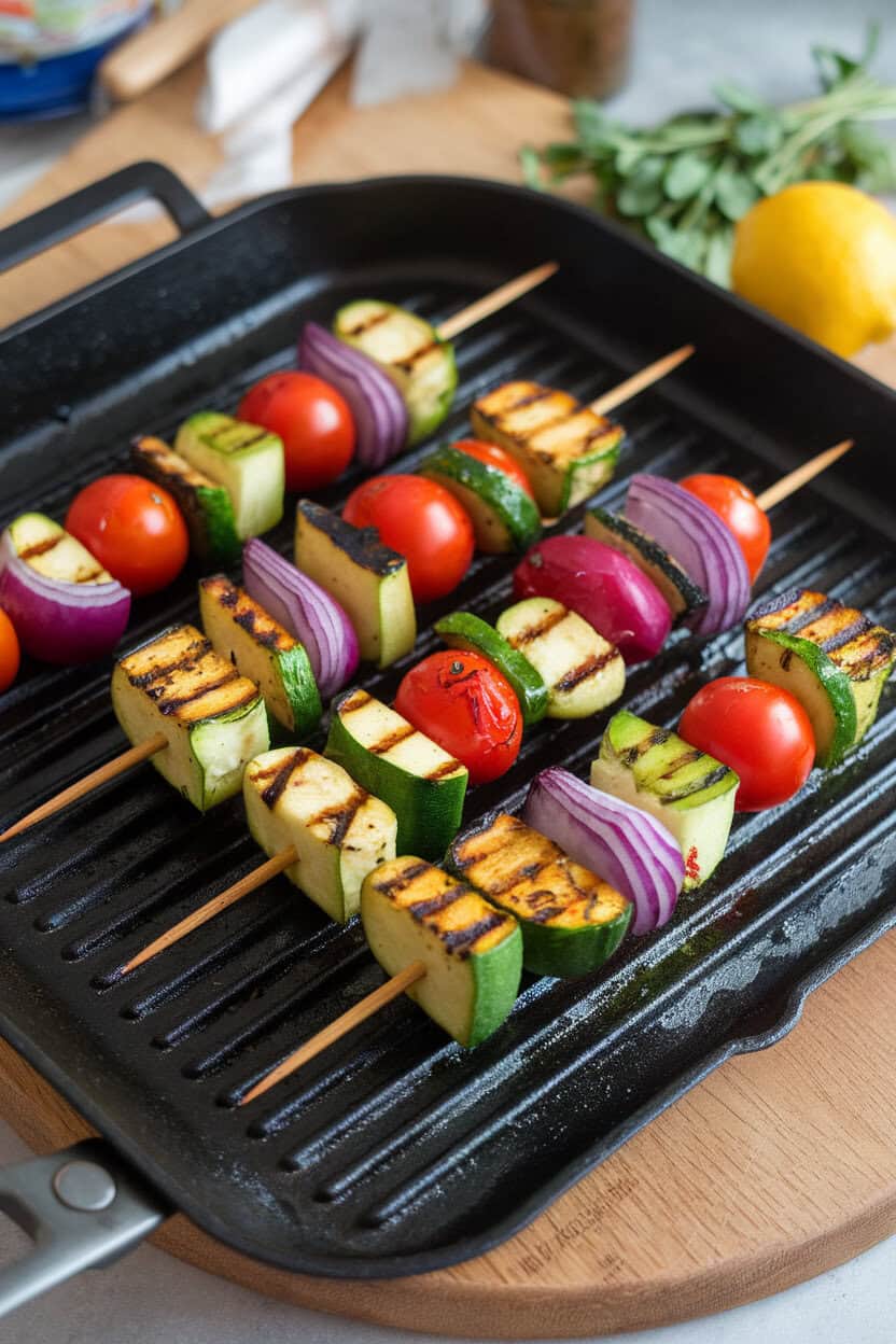 An indoor grill-pan scene showing short skewers of roasted zucchini, red onion, cherry tomato, and squash cubes, brushed with green herb oil. No text or logos. Photo only.