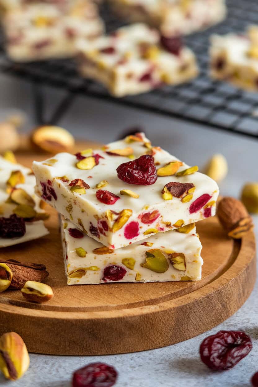Indoor photo of bright white-chocolate-coated cracker toffee speckled with dried cranberries and pistachio pieces. No text or logos.
