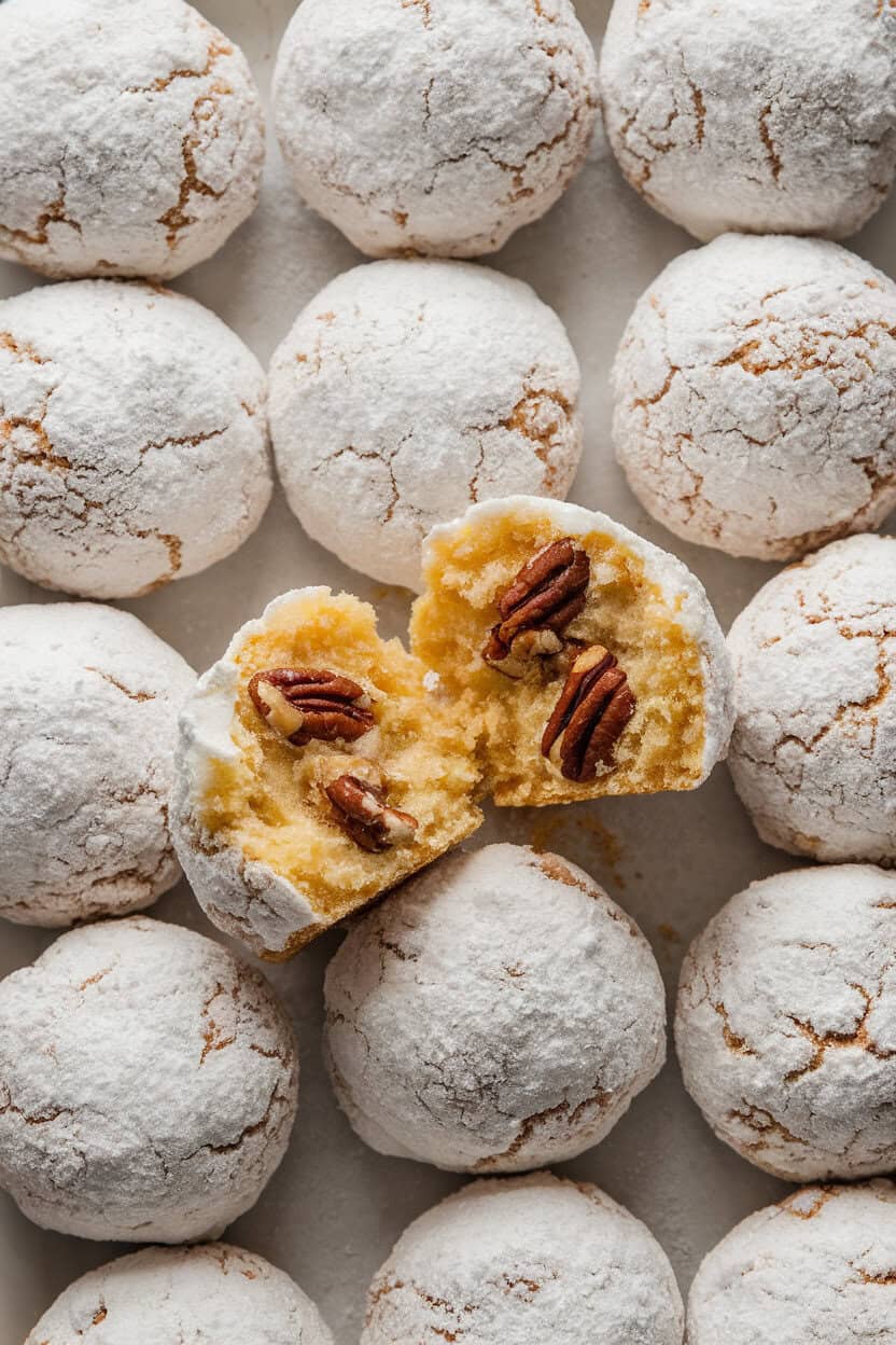 An indoor tray of round, powdered-sugar-coated snowball cookies with one cookie broken open to reveal buttery pecan interior; no text or logos. Photo, not illustration.