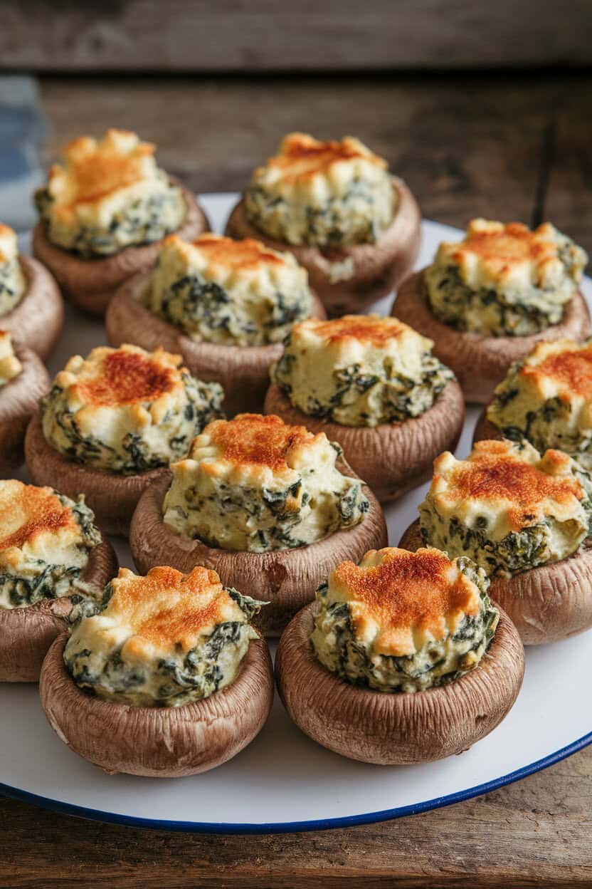 A white platter indoors containing large mushroom caps filled with creamy spinach-artichoke mixture, tops lightly browned. No text or logos. Photo.</Prompt