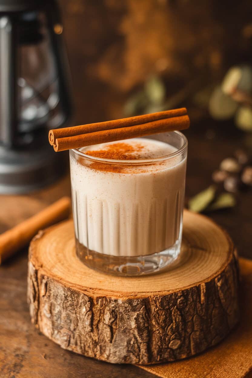 Photo of a rocks glass indoors, creamy horchata-rum drink dusted with ground cinnamon, stick of true cinnamon balanced across top. No text or logos.