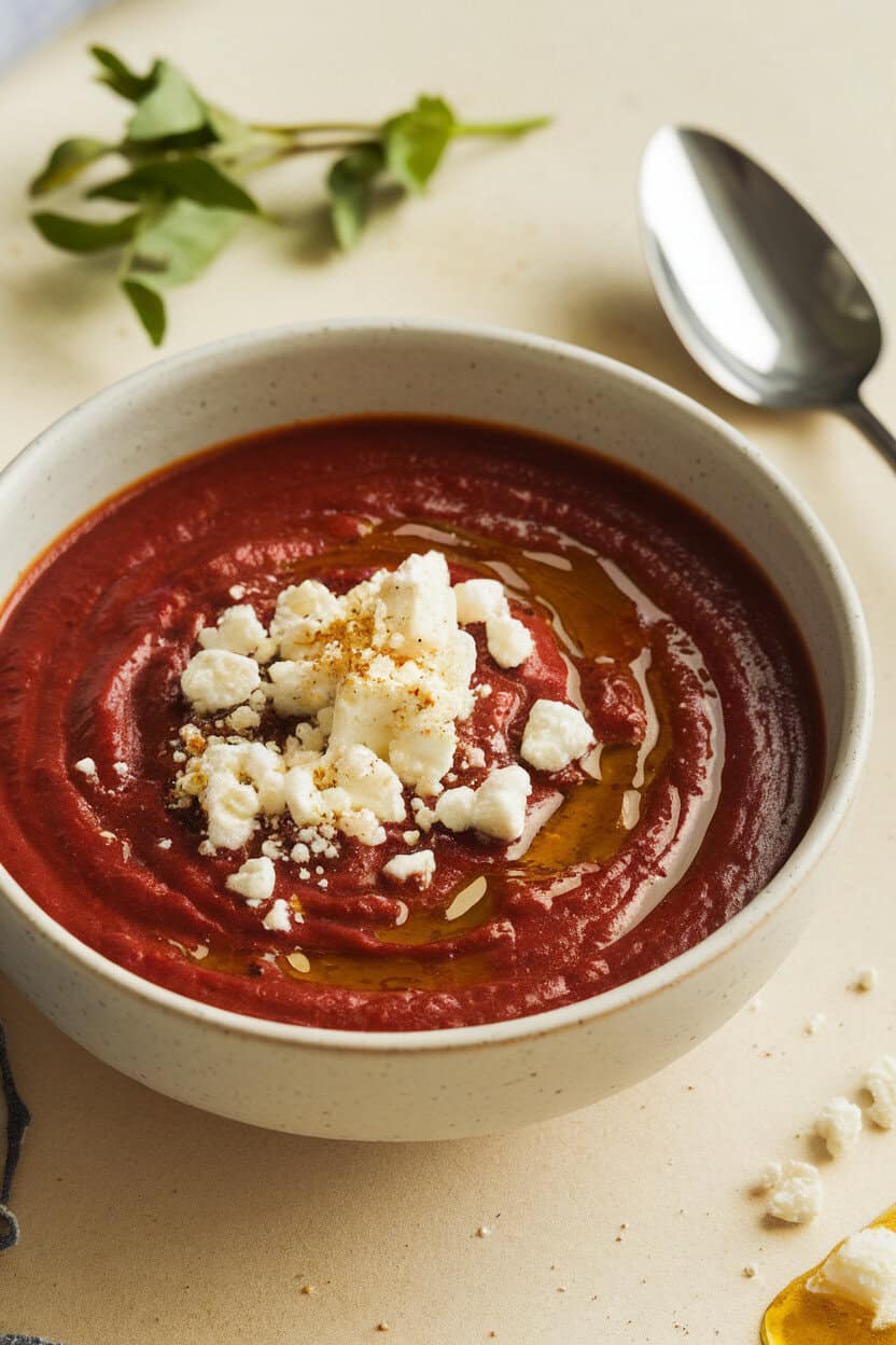 Indoor photo of deep orange-red soup in a modern bowl, topped with crumbled feta and a drizzle of olive oil. No text or logos