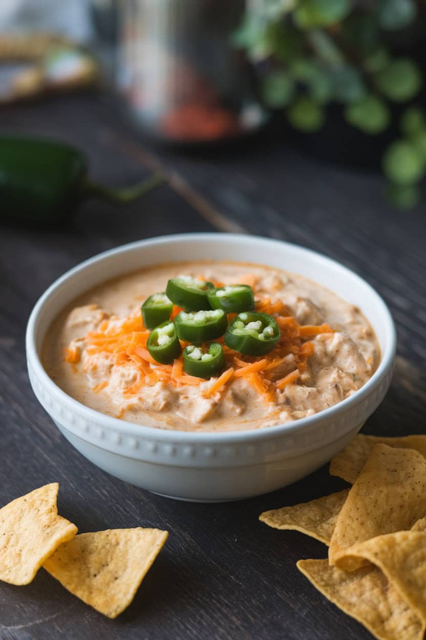 An indoor tabletop close-up of creamy white chicken chili topped with diced jalapeño and shredded Monterey Jack, no text or logos present.