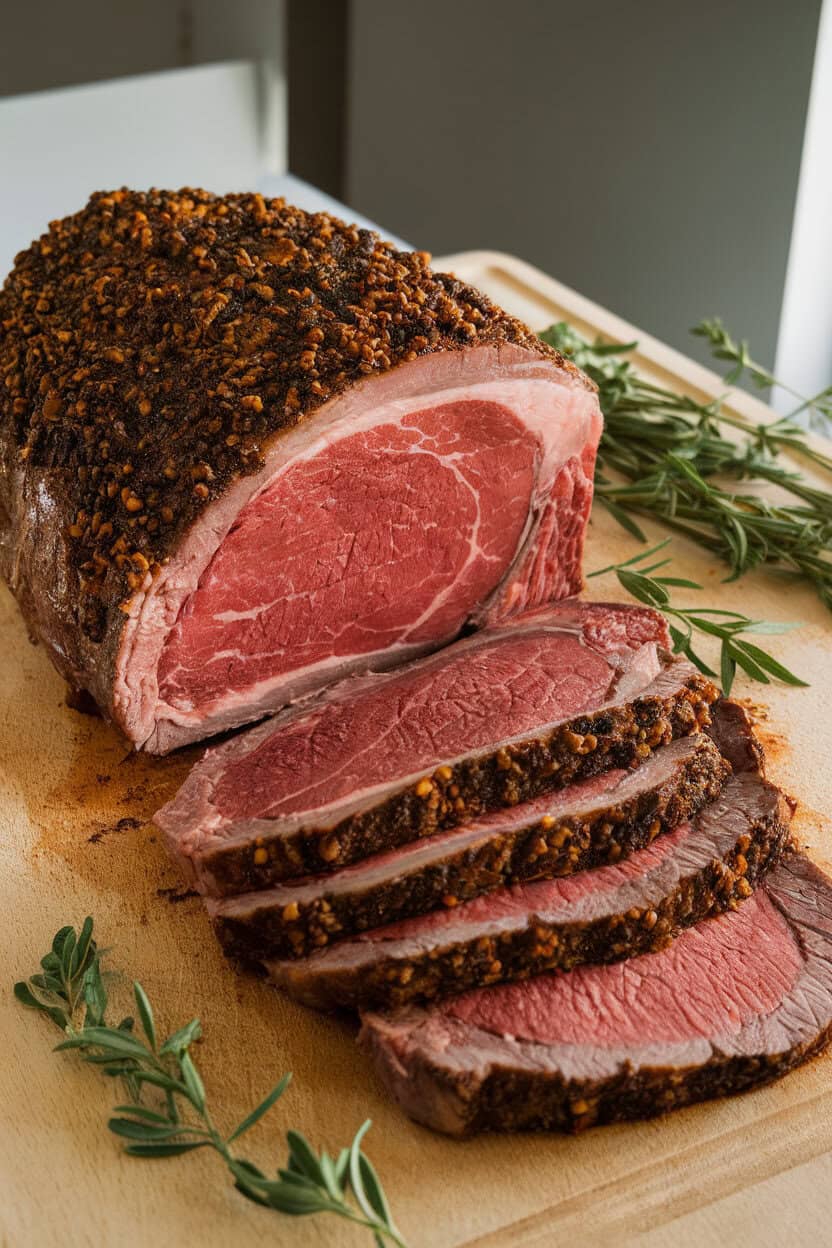 A carving board indoors holding a medium-rare prime rib with a dark porcini crust, slices fanned, herb sprigs nearby. No text or logos in view.