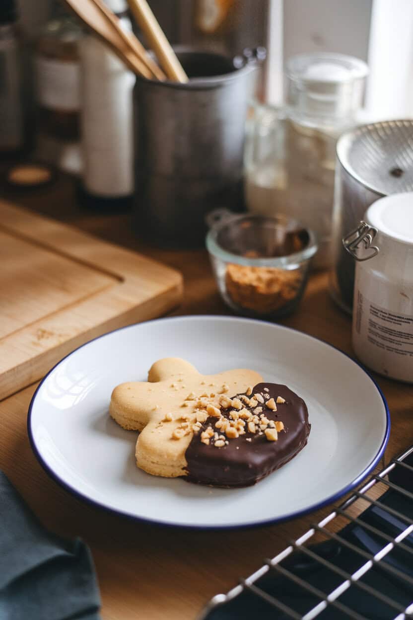 Photo prompt: An indoor workspace with leaf-shaped hazelnut shortbread half-dipped in dark chocolate and sprinkled with chopped nuts. No text or logos.