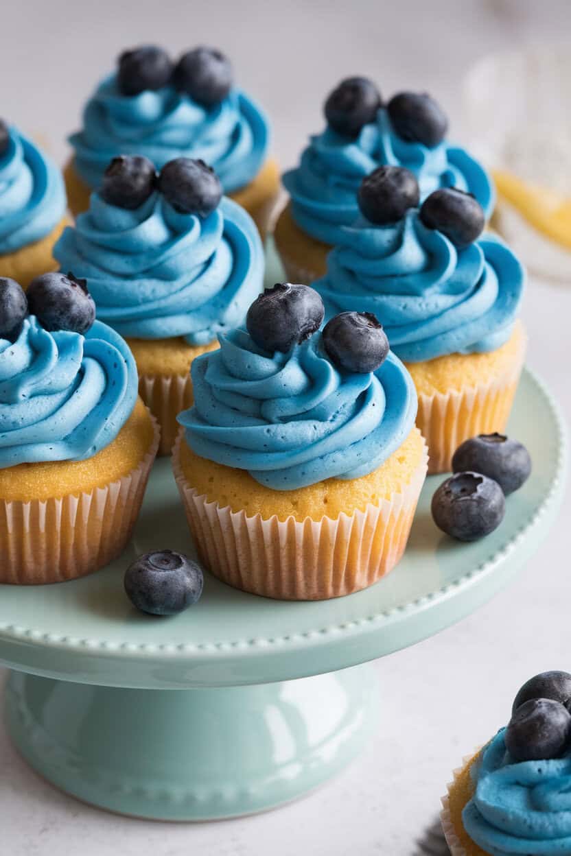 Indoor photo of lemon cupcakes with blueberry compote swirl frosting and a few fresh blueberries, displayed on a pale blue plate. No logos or text.