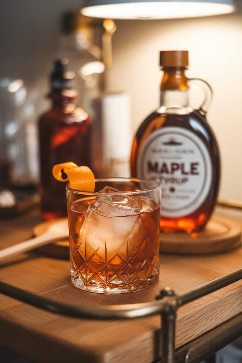 Indoor bar cart scene featuring a short rocks glass filled with an amber drink, large clear ice cube, orange peel twist, and a maple syrup bottle blurred in the background; no logos