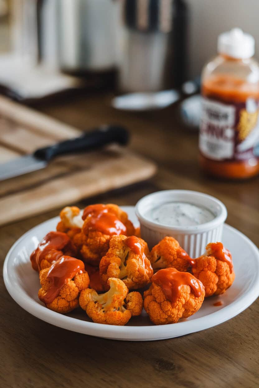 A white platter on an indoor kitchen table featuring roasted cauliflower bites coated in buffalo sauce, small ramekin of ranch dip on the side, no visible text.