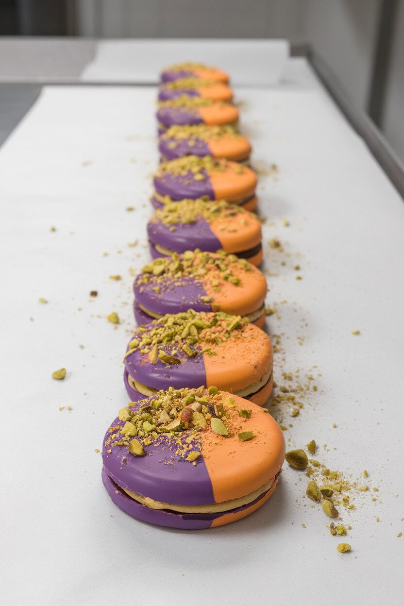 An indoor prep table with rows of sandwich cookies half-coated in purple and orange chocolate, sprinkled with crushed pistachios. No text or logos in frame.