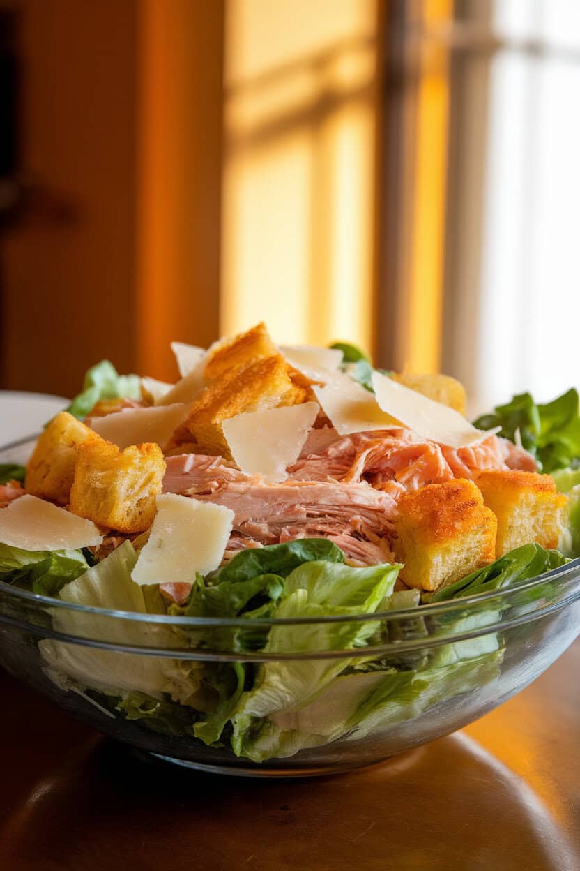 A warmly lit indoor table displaying a large salad bowl of romaine, shredded leftover turkey, Parmesan shards, and golden garlic croutons, lightly coated in Caesar dressing. No text or logos; photo, not illustration.