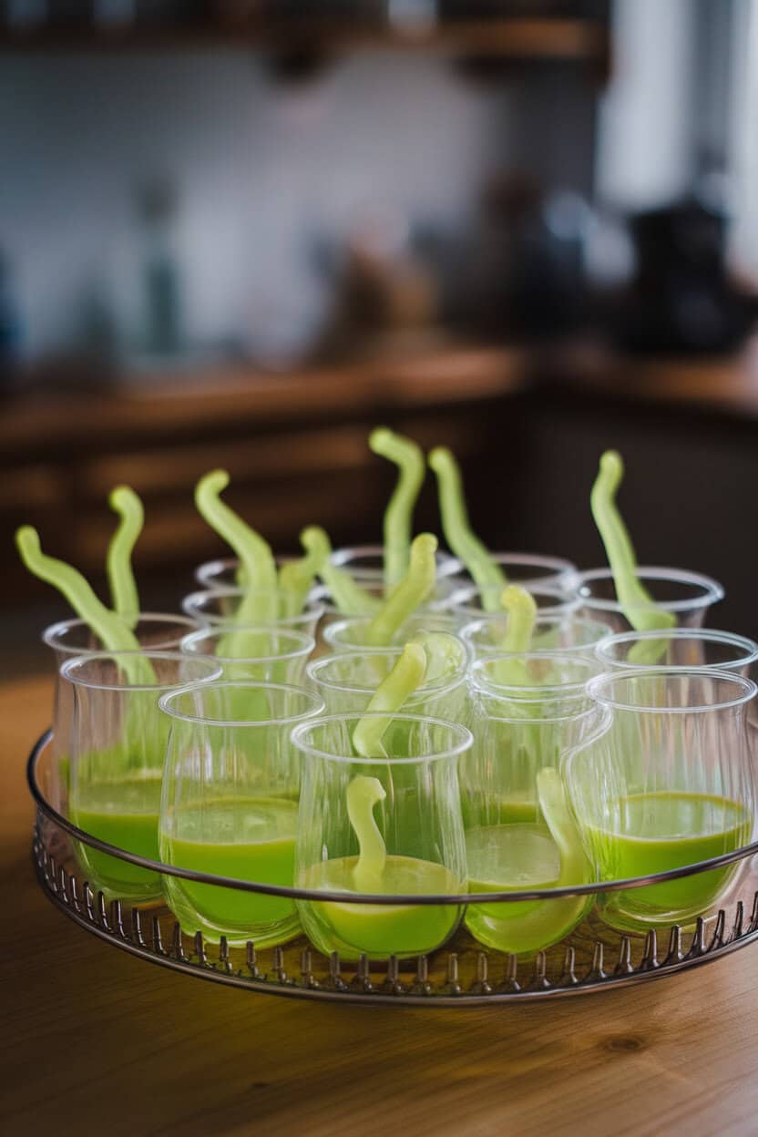 An indoor party tray holding clear plastic cups of lime gelatin spiked for adults, each suspended with a gummy worm, illuminated by soft kitchen lighting. No logos or text.