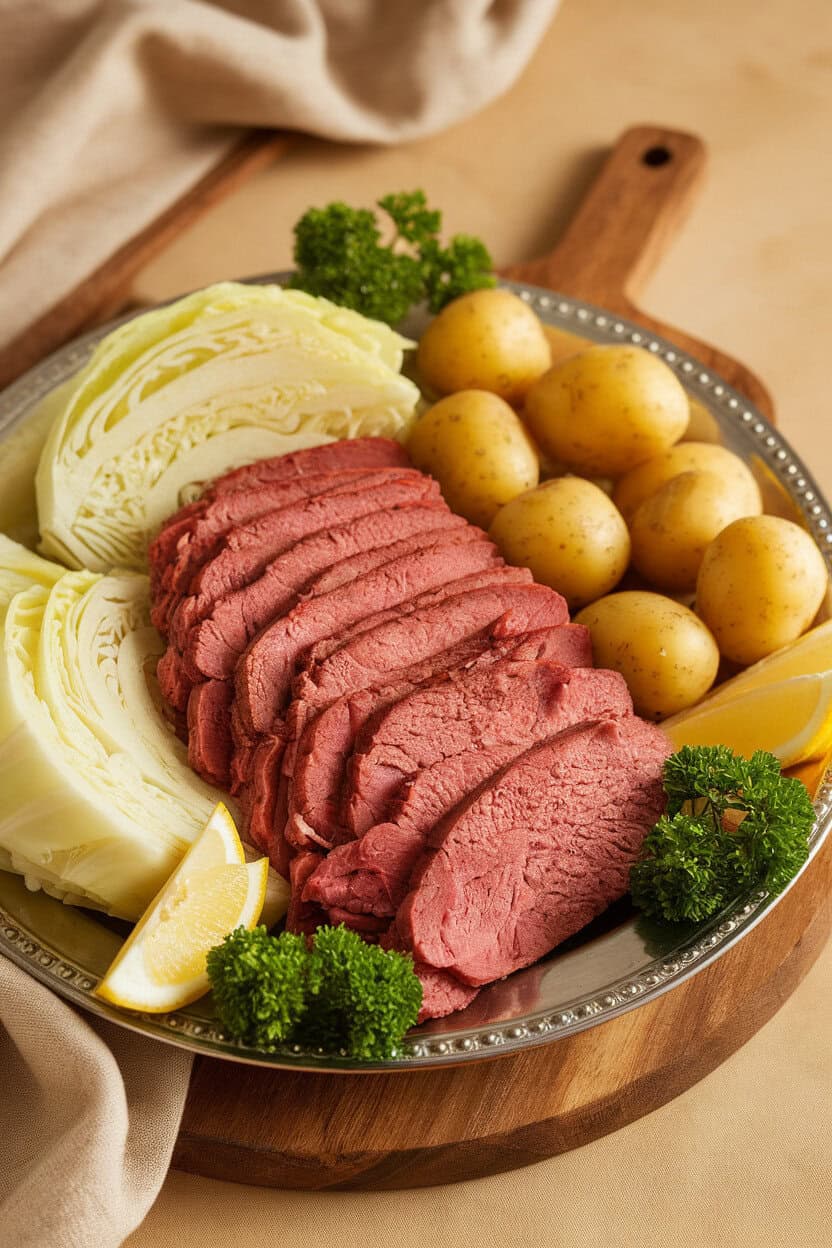A serving platter with sliced corned beef, wedges of cooked cabbage, and baby potatoes, photographed indoors, no text or logos.