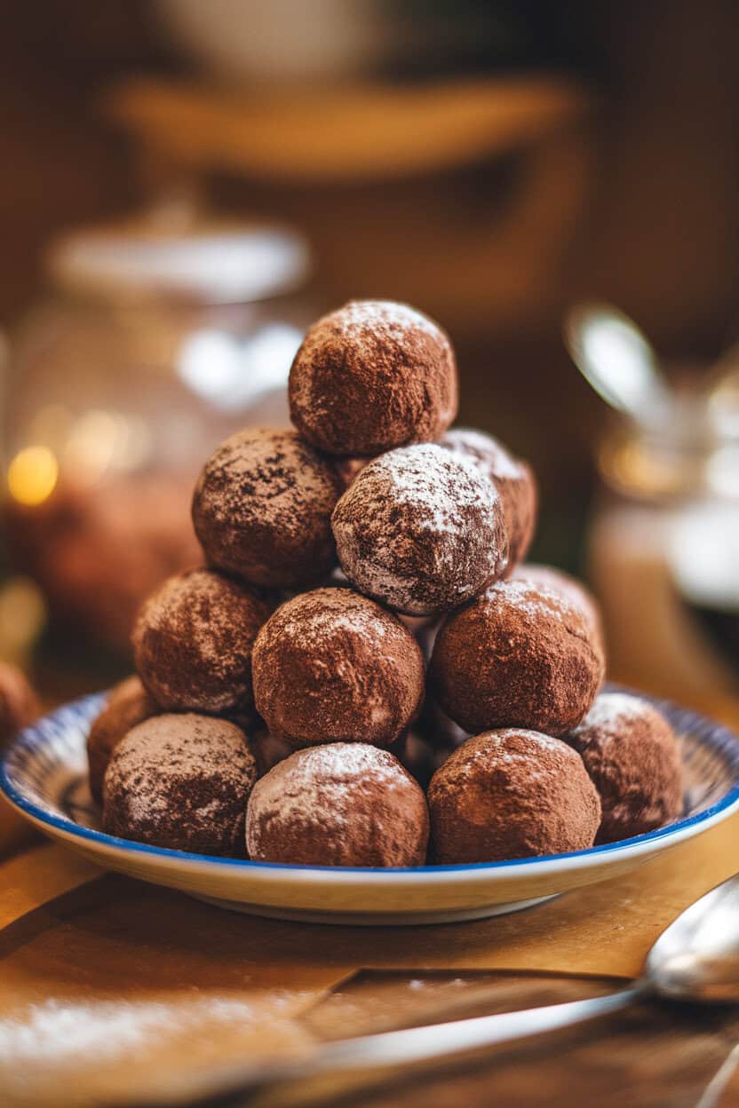 Indoor plate of chocolate rum balls rolled in cocoa and powdered sugar, stacked pyramid-style. No logos or text in image.
