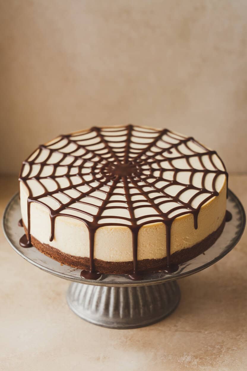 Photo, not illustration. Indoor cheesecake with glossy chocolate ganache spiderweb design piped on top, centered on a cake stand. No text or logos.