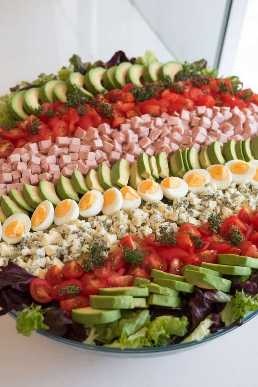 Large indoor salad bowl arranged with rows of diced turkey, avocado, tomatoes, hard-boiled egg, and blue cheese, no text or logos.