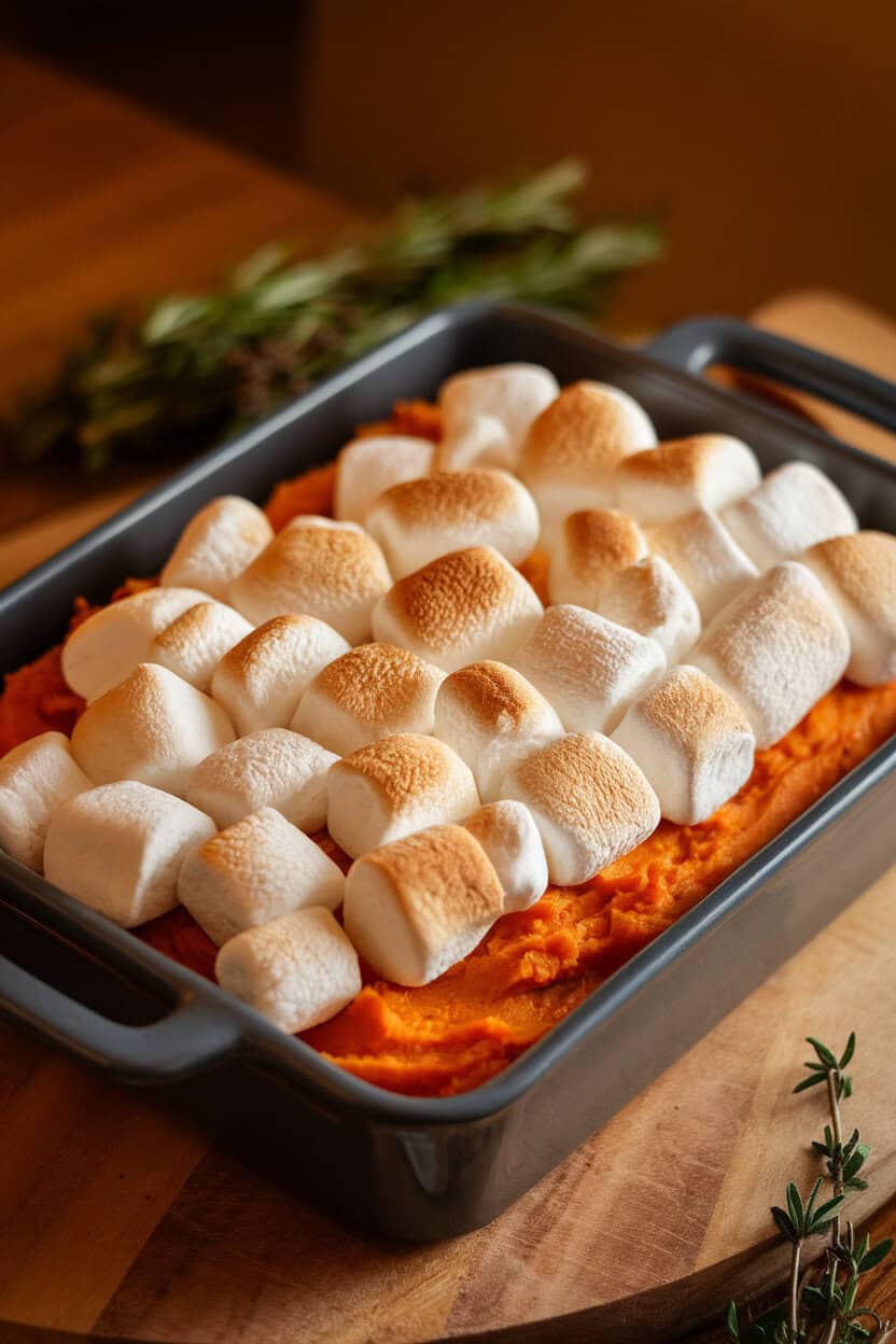 A rectangle baking dish showing toasted marshmallows over mashed sweet potatoes, photographed indoors, no text or logos.