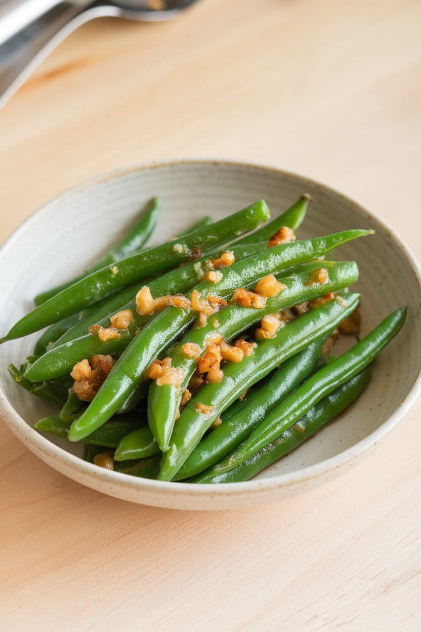 Indoor close-up of bright green beans coated in glistening garlic butter, served in a simple white bowl. No logos or text. Photo, not illustration.