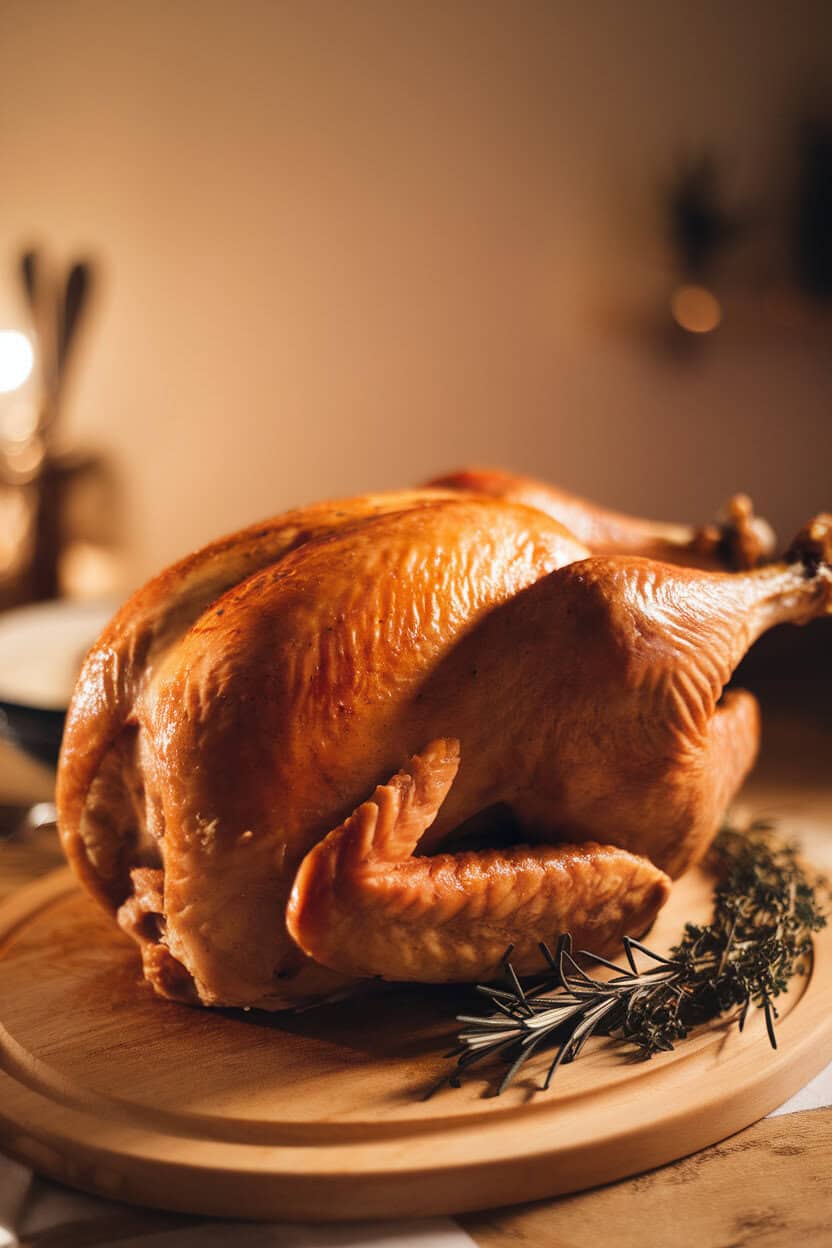 A warmly lit indoor carving board holding a golden roasted turkey, skin crisp and glistening, with sprigs of rosemary and thyme nearby—no text or logos.