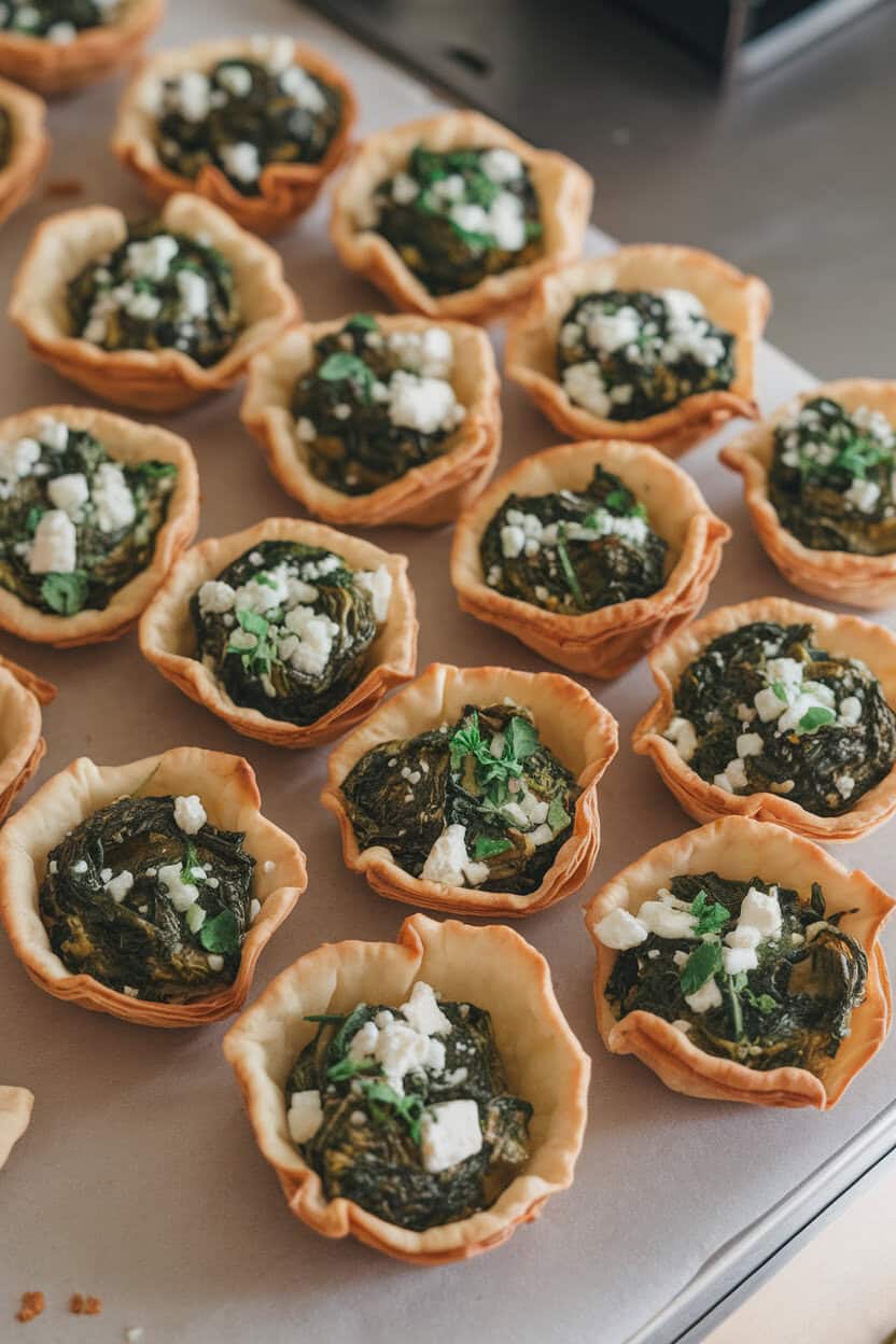 An indoor kitchen counter photo of crispy mini phyllo shells packed with spinach, feta, and herbs, edges browned and filling slightly puffed. No text or logos present.