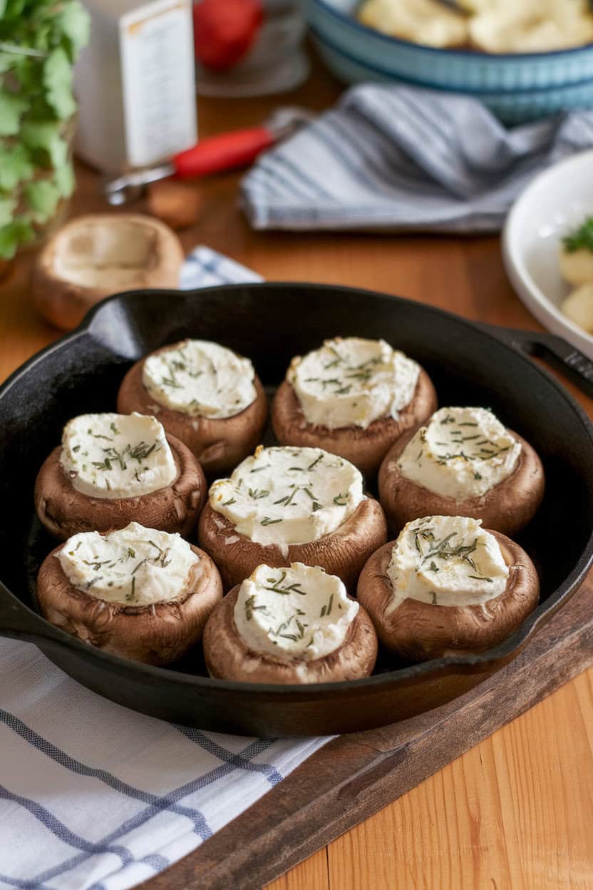 Photo of a cast-iron skillet on an indoor wooden table containing baked baby bella mushrooms stuffed with herbed cream cheese, tops golden and slightly puffed; no text or logos