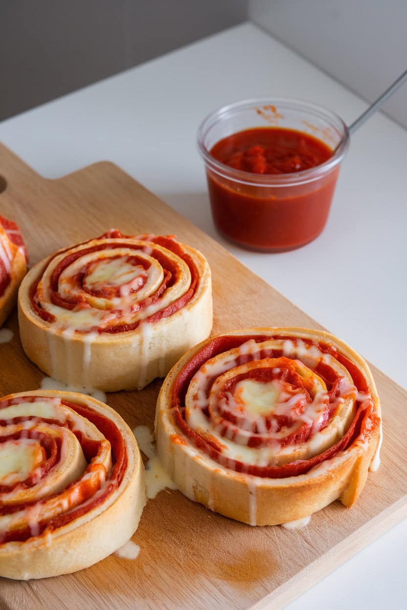A cutting board indoors with spiraled pizza rolls oozing cheese and pepperoni, marinara dipping cup nearby. No text or logos.