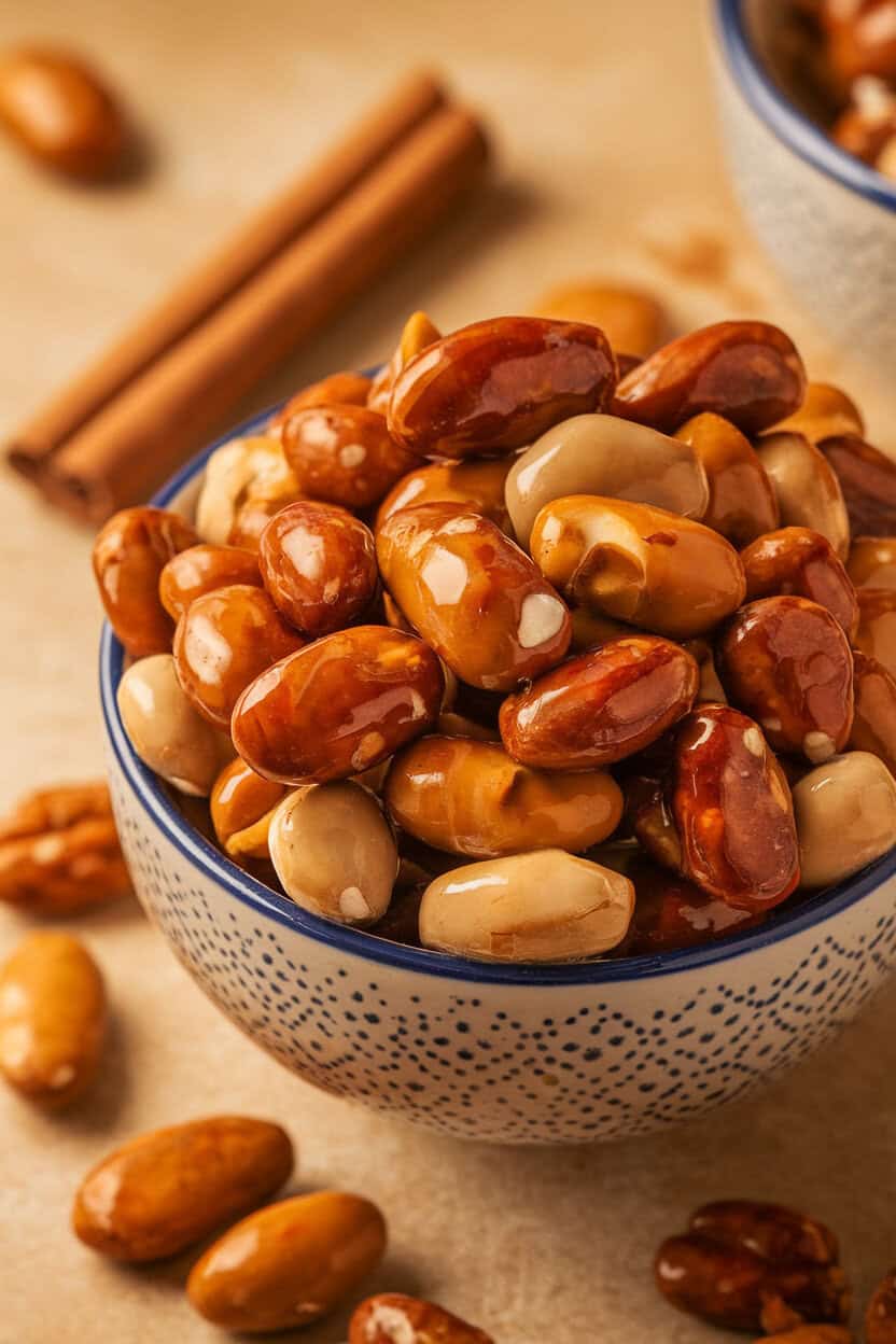 A close-up indoor photo of a bowl overflowing with glazed mixed nuts coated in shiny caramel-chili seasoning, cinnamon sticks placed beside for garnish. No text or logos.