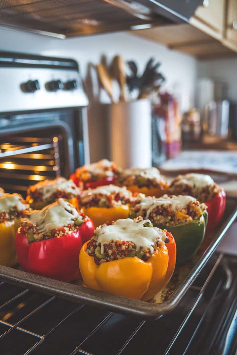 An indoor oven-side scene showing colorful bell peppers filled with cooked quinoa, vegetables, and melted cheese on top. Photo only, logo-free.