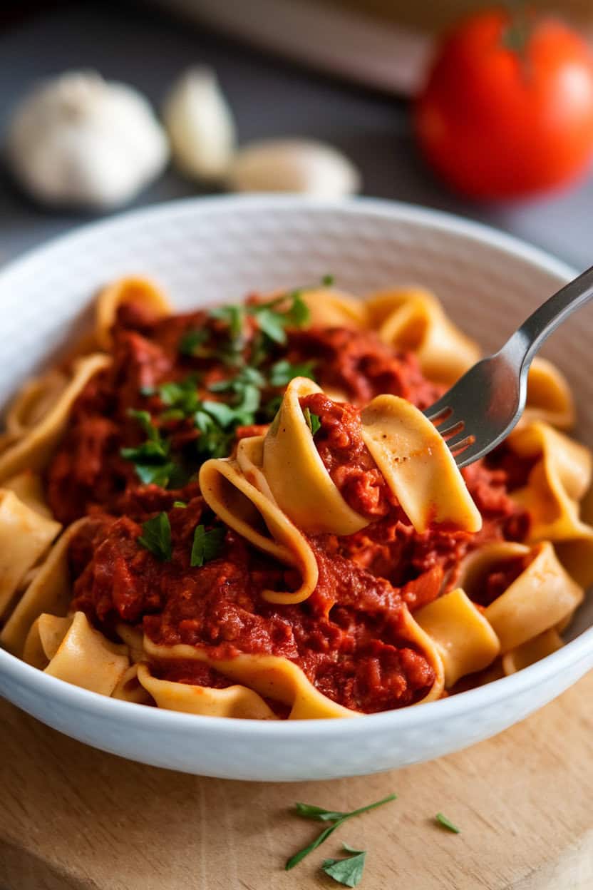 An indoor pasta bowl with wide pappardelle ribbons coated in deep red oxtail ragù, a fork twirled into the noodles, parsley scattered on top. No text or logos in scene. Photo, not illustration.