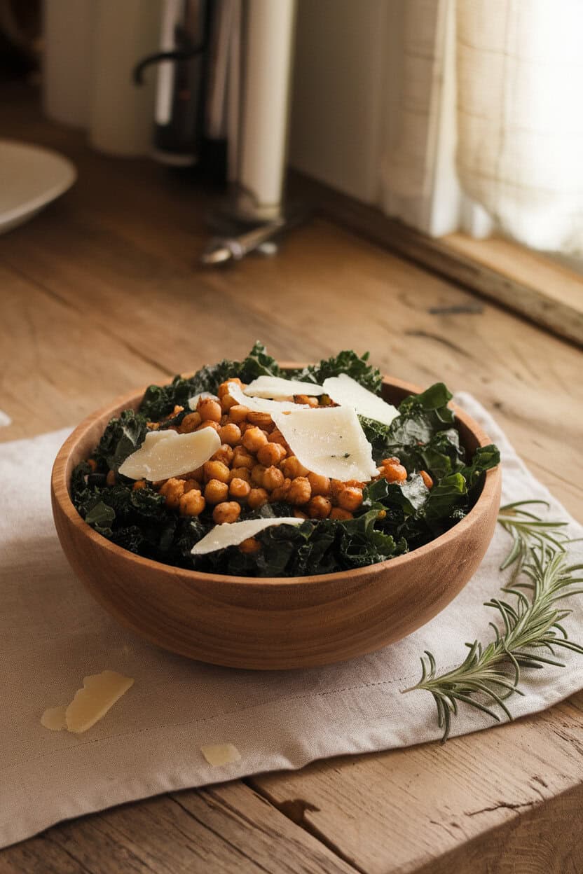 A warmly lit indoor setting showing a wooden bowl of dark green kale ribbons topped with golden roasted chickpeas and shaved Parmesan. No text or logos. Photo only.