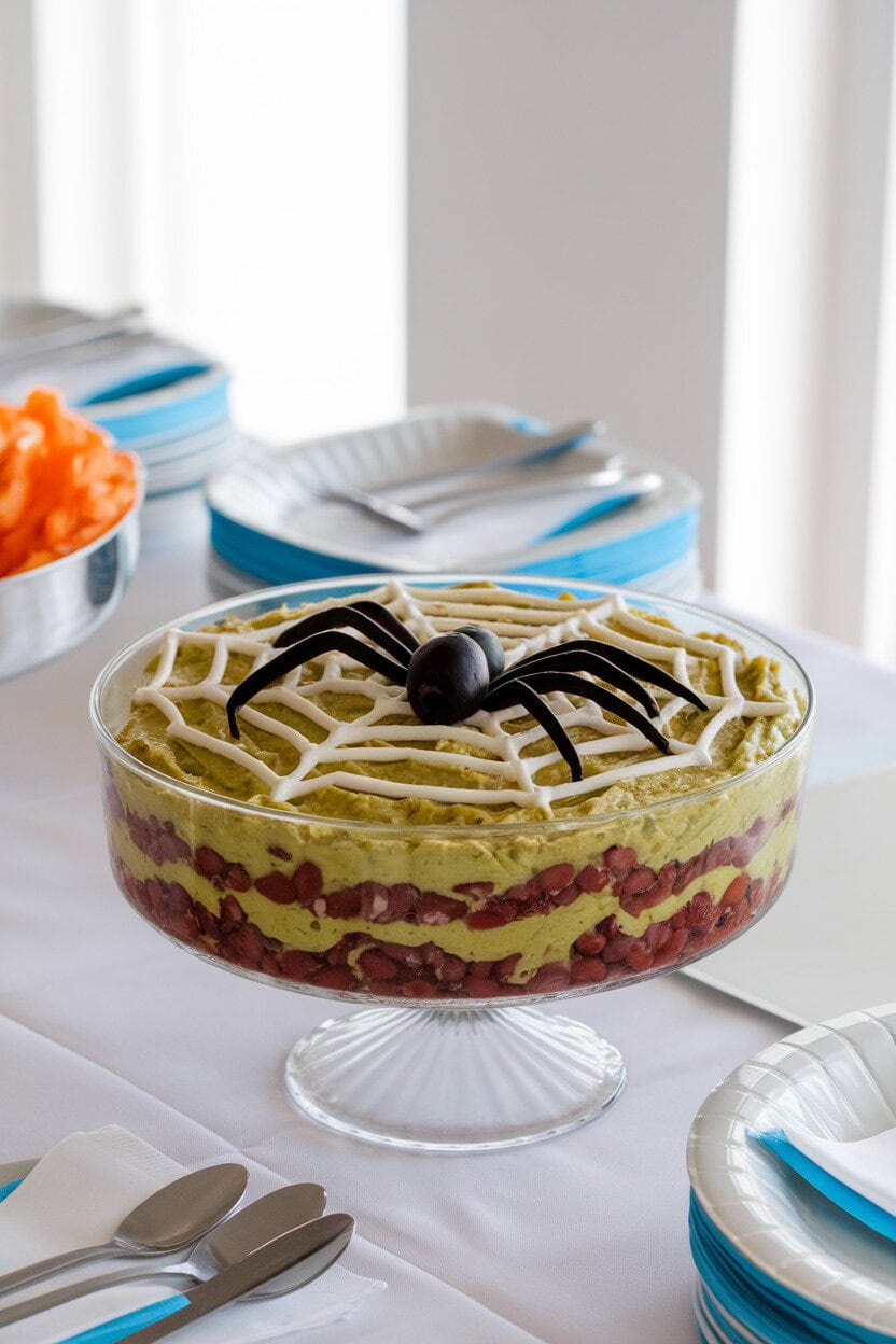An indoor party buffet featuring a shallow glass dish layered with refried beans, guacamole, sour cream piped in a web design, and sliced black olives forming a “spider.” No text or logos; photo, not illustration.