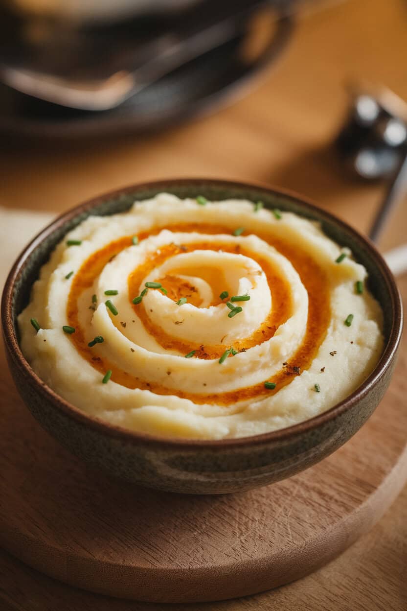 A warmly lit indoor bowl of creamy mashed potatoes with melted Brie swirls on top, flecks of chives sprinkled over. No text or logos. Photo only.