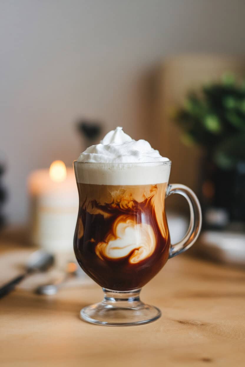 Footed glass mug indoors with layered Irish Coffee, whipped cream dome on top, coffee swirling beneath. No text or logos.