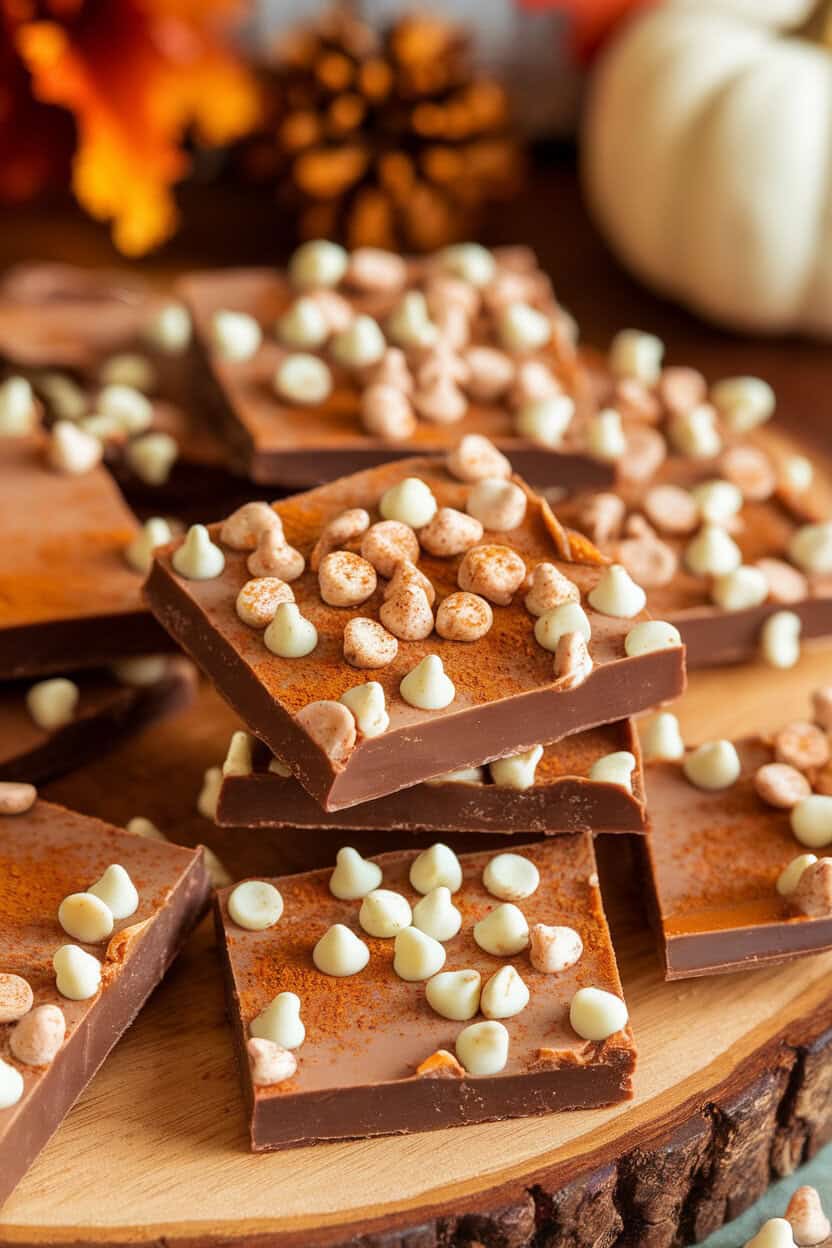 Indoor photo of milk-chocolate toffee dusted with pumpkin pie spice and tiny white chocolate chips on top. No text or logos.