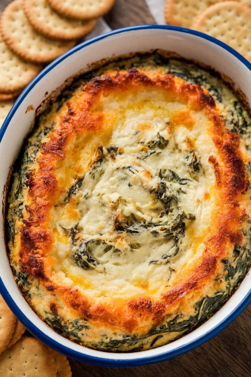 An indoor scene with a bubbling oval dish of creamy spinach-artichoke dip, cheese browned on top, crackers nearby but out of focus. No text or logos. Photo only.