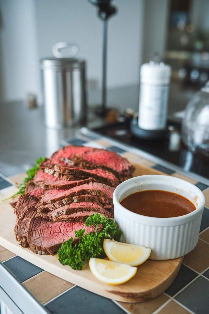 An indoor counter scene with sliced roast beef piled next to a ramekin of rich au jus, no text or logos visible.