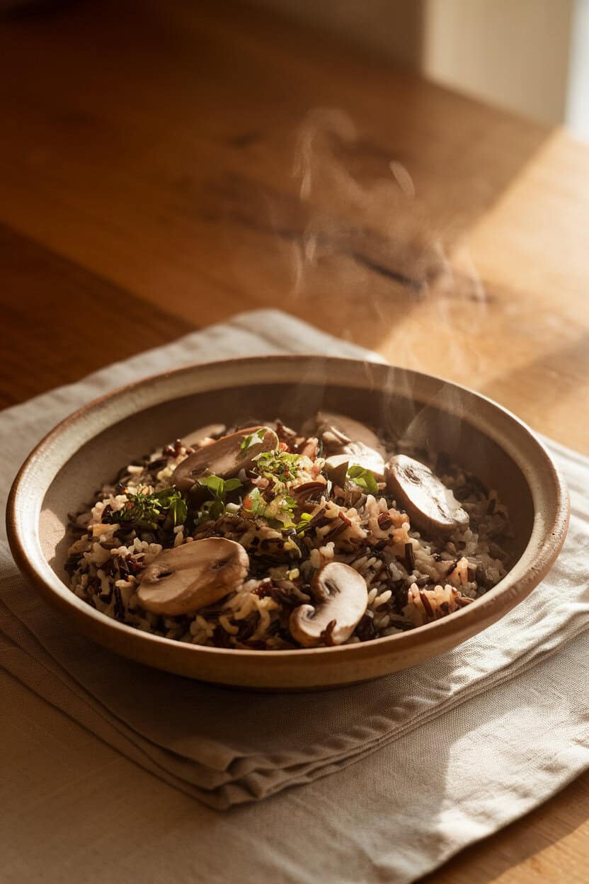 A shallow ceramic bowl on an indoor wooden table filled with wild rice, sliced mushrooms, and herbs, steam rising gently under warm lighting. No text or logos; photo, not illustration.