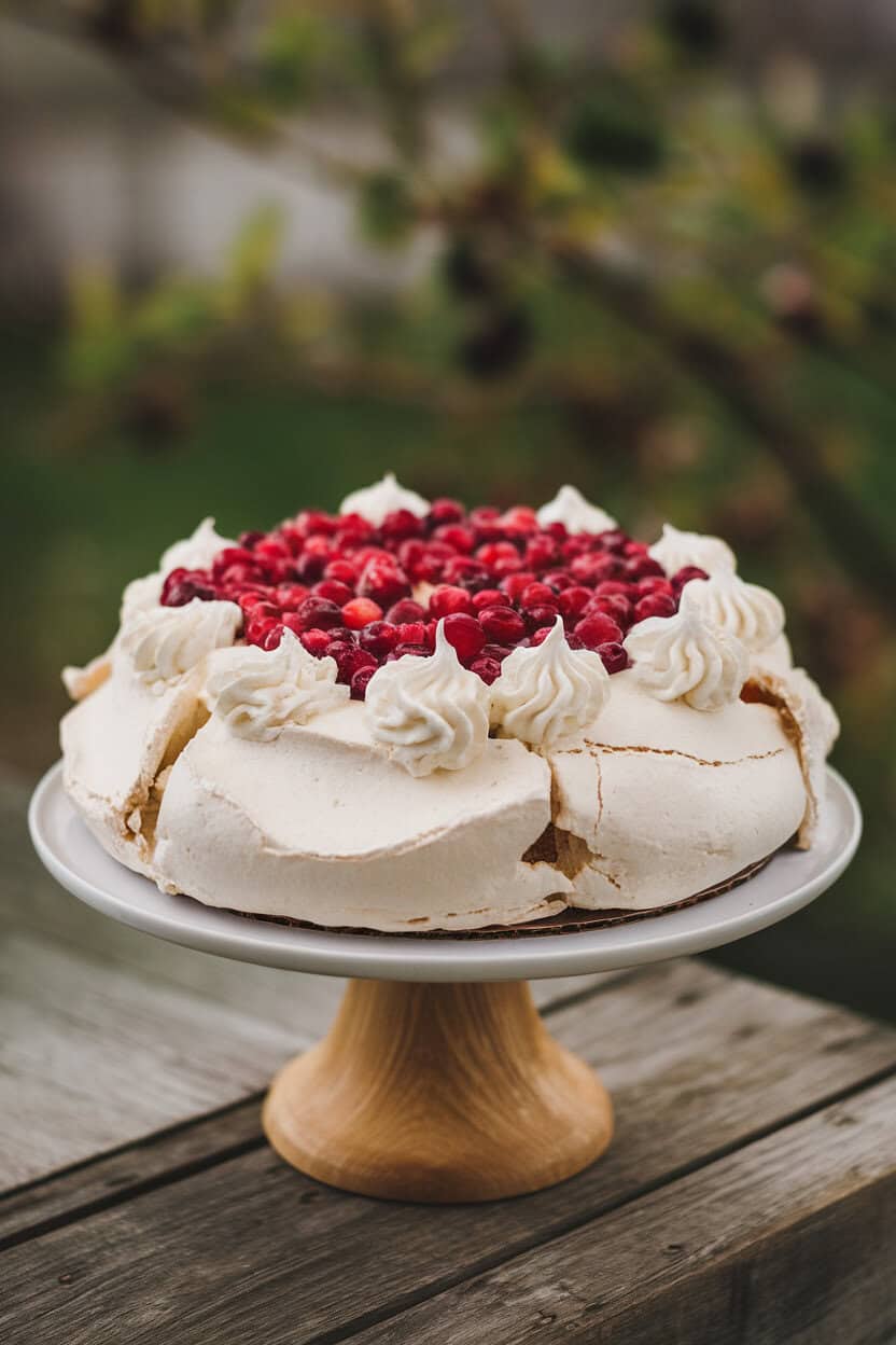 An indoor cake stand holding a pavlova with cranberry swirl and whipped cream peaks, crisp meringue edges visible. No text or logos.